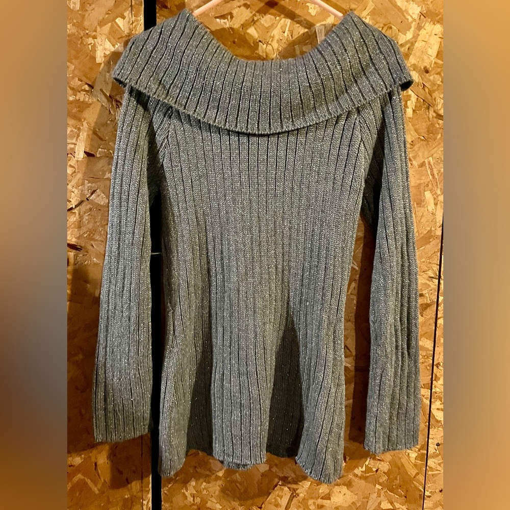 New York & Company Metallic Gray Off-Shoulder Sweater